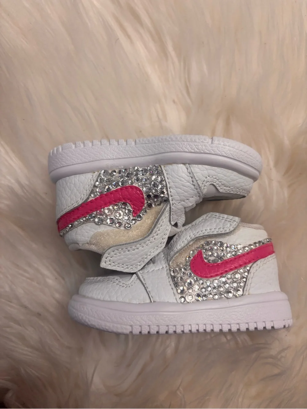 Jordan White Kids Sneakers with Pink Swoosh and Rhinestones